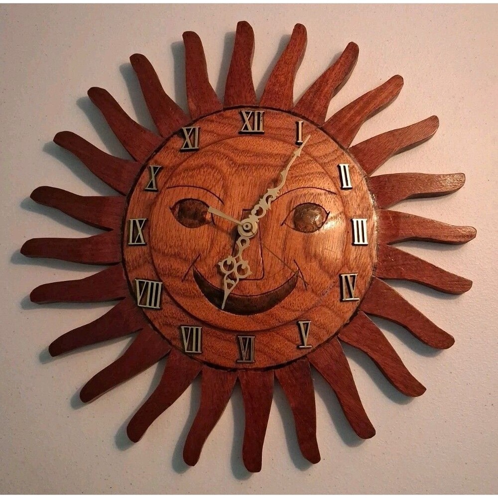 Vintage Wood Carved Smiling Sun Celestial Wall Clock Signed READ